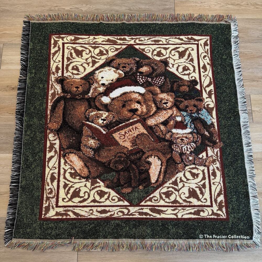 Vintage American Weavers Woven Afghan Throw Blanket Christmas Teddy Bears Santa